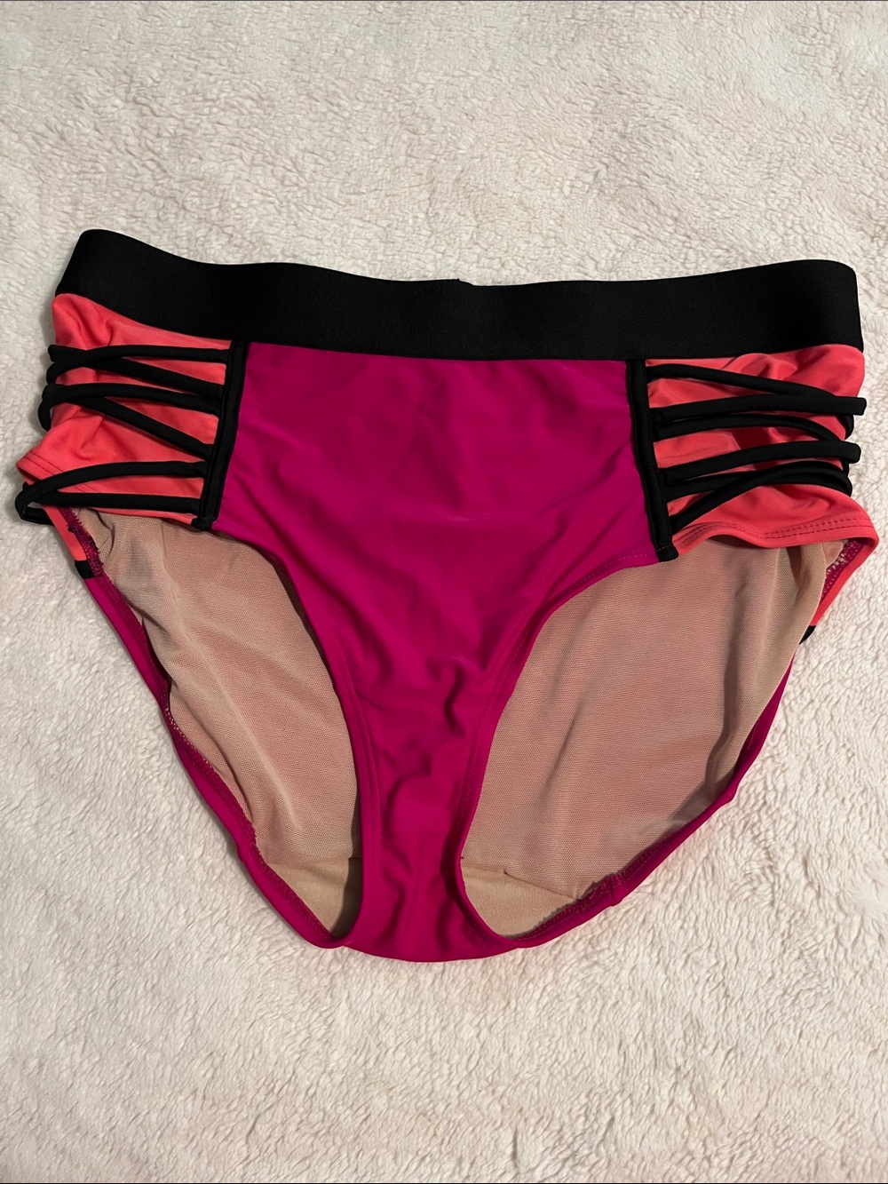 Colorblock High-Waist Bikini Bottoms - Magenta & Coral with Black Trim
